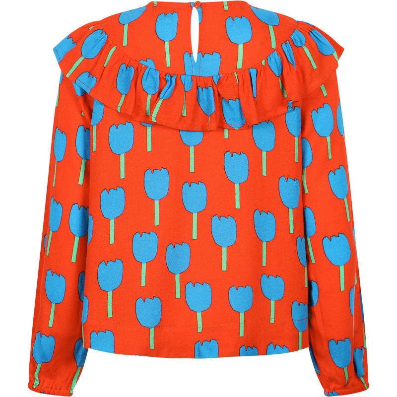 Tulips print ruffled detailing blouse in red and blue商品第2张图片规格展示