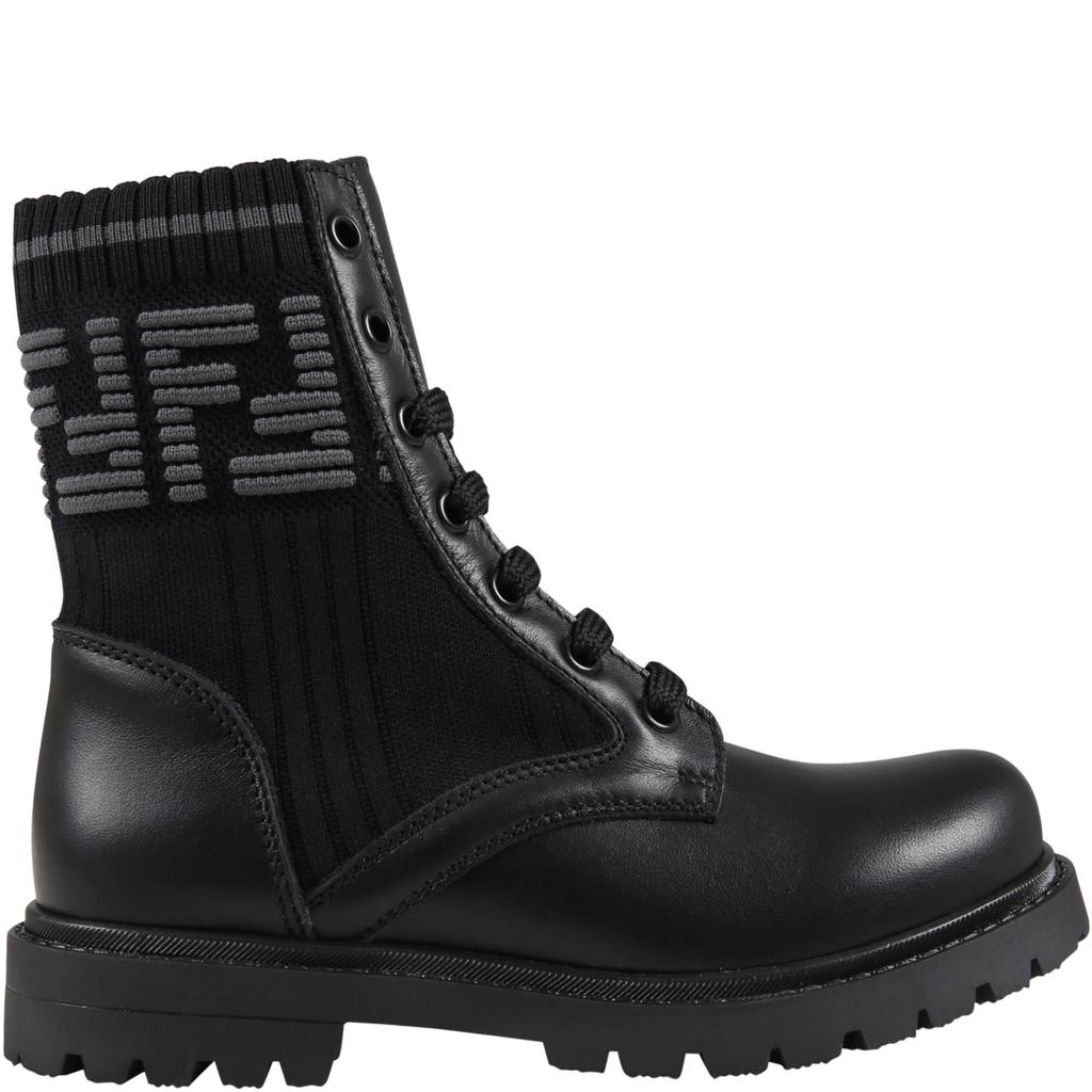 Fendi Black Boots For Kids With Double Gray Ff商品第1张图片规格展示