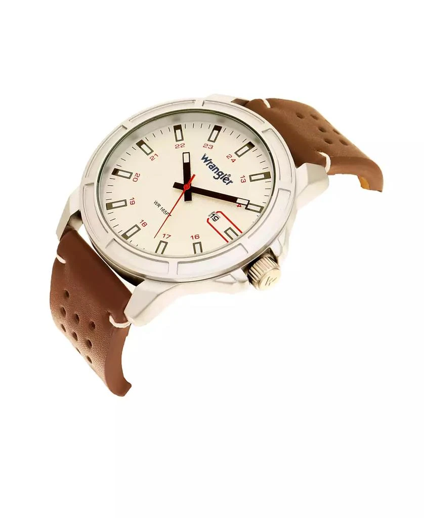 商品Wrangler|Men's, 48MM Silver Case with White Dial, White Index Markers, Sand Satin Dial, Analog, Date Function , Red Second Hand, Brown Strap with White Accent Stitch,价格¥431,第2张图片详细描述