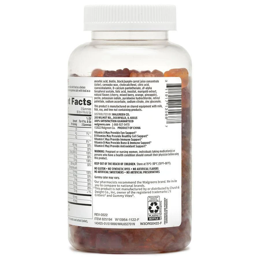 商品Walgreens|Children's Complete Multivitamin Gummies (190 days) Natural Cherry, Mixed Berry, Orange and Pineapple,价格¥119,第3张图片详细描述