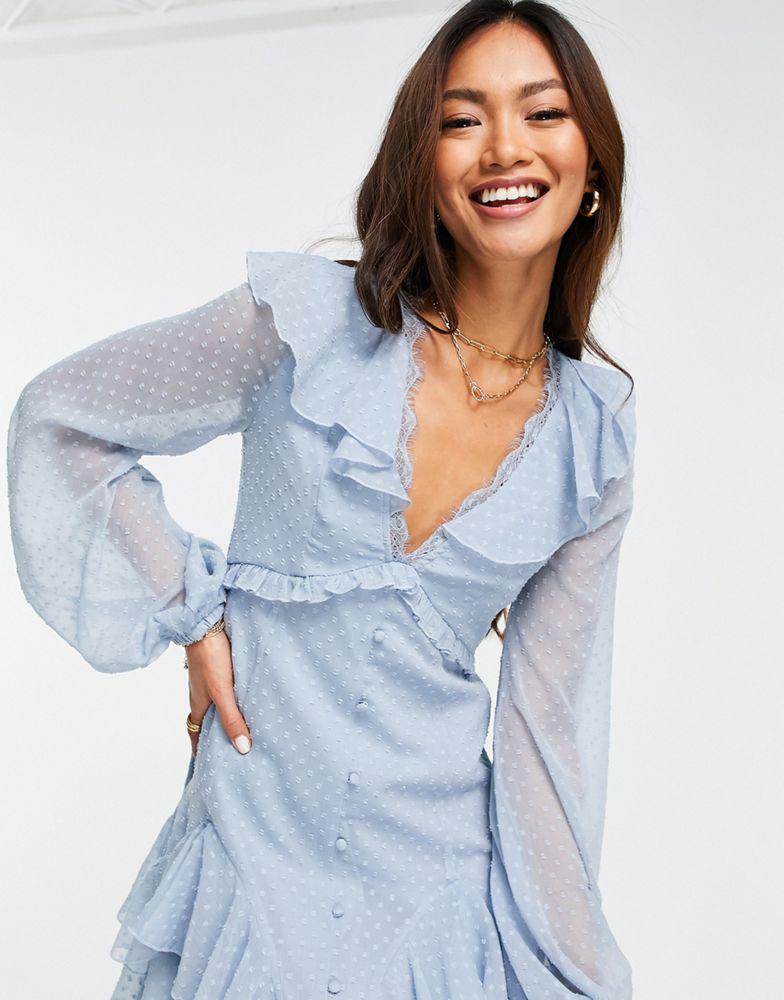 ASOS DESIGN dobby button through lace trim mini tea dress in soft blue商品第3张图片规格展示