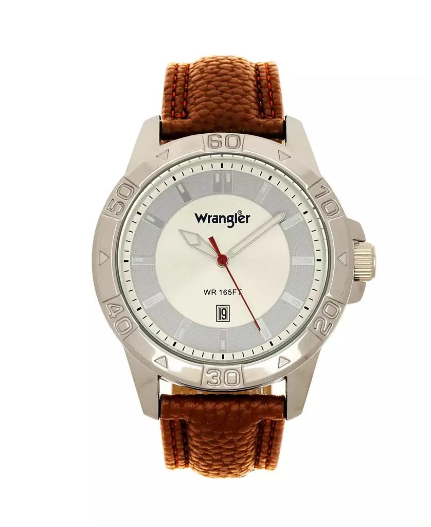 商品Wrangler|Men's Watch, 46MM Silver Colored Case with Embossed Arabic Numerals on Bezel, Ivory Sunray Dial, Silver Index Markers, Analog, Brown Strap,价格¥425,第1张图片