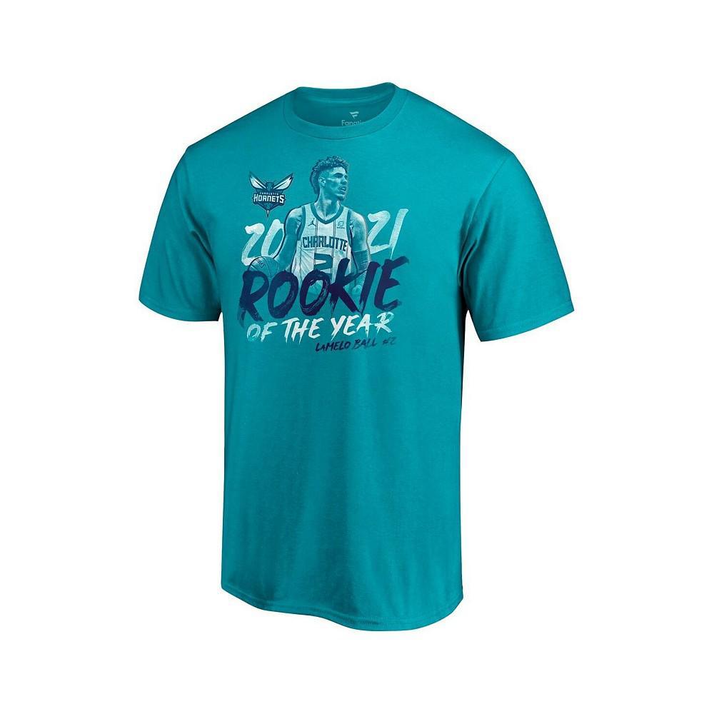 商品Fanatics|Men's Lamelo Ball Teal Charlotte Hornets 2021 Nba Rookie Of The Year T-shirt,价格¥194,第6张图片详细描述