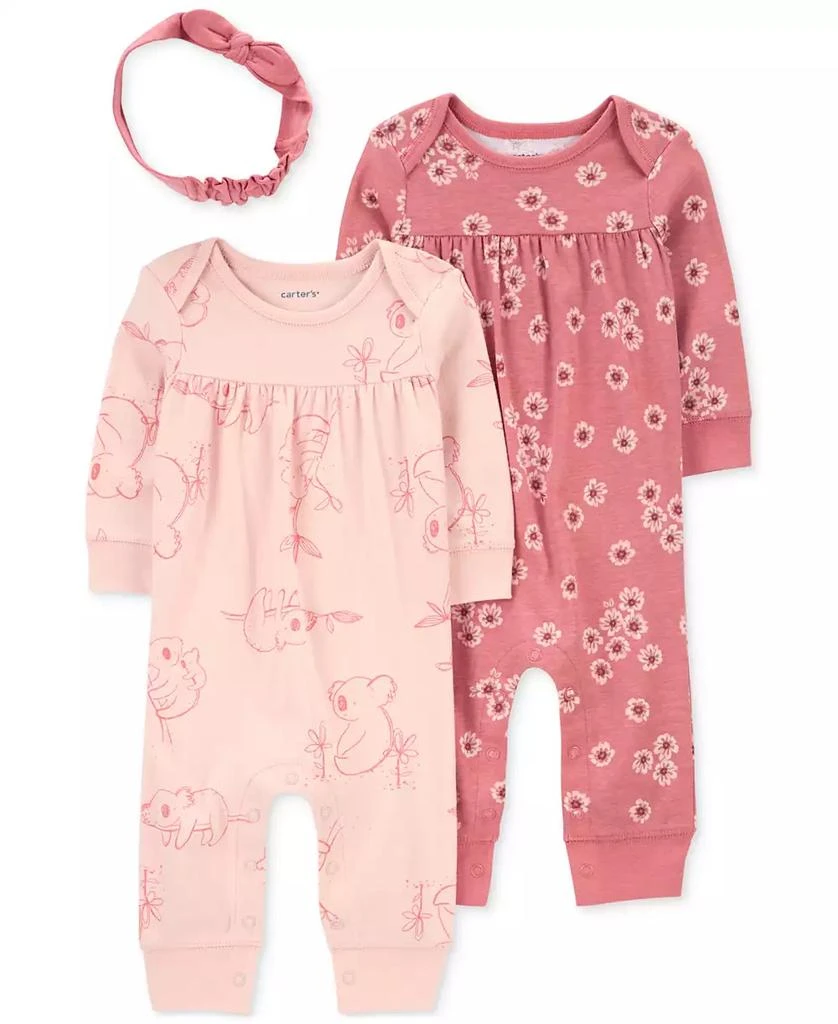 商品Carter's|Baby Girls Pink Floral 3-Piece Jumpsuit and Headband Set,价格¥113,第1张图片