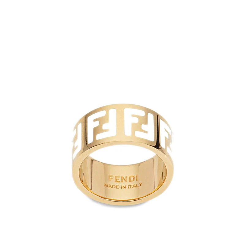 商品Fendi|【预售3-7天】FENDI/芬迪  FF系列 金色金属白色珐琅FF图案戒指 8AG945TL9F0A47,价格¥2142,第1张图片