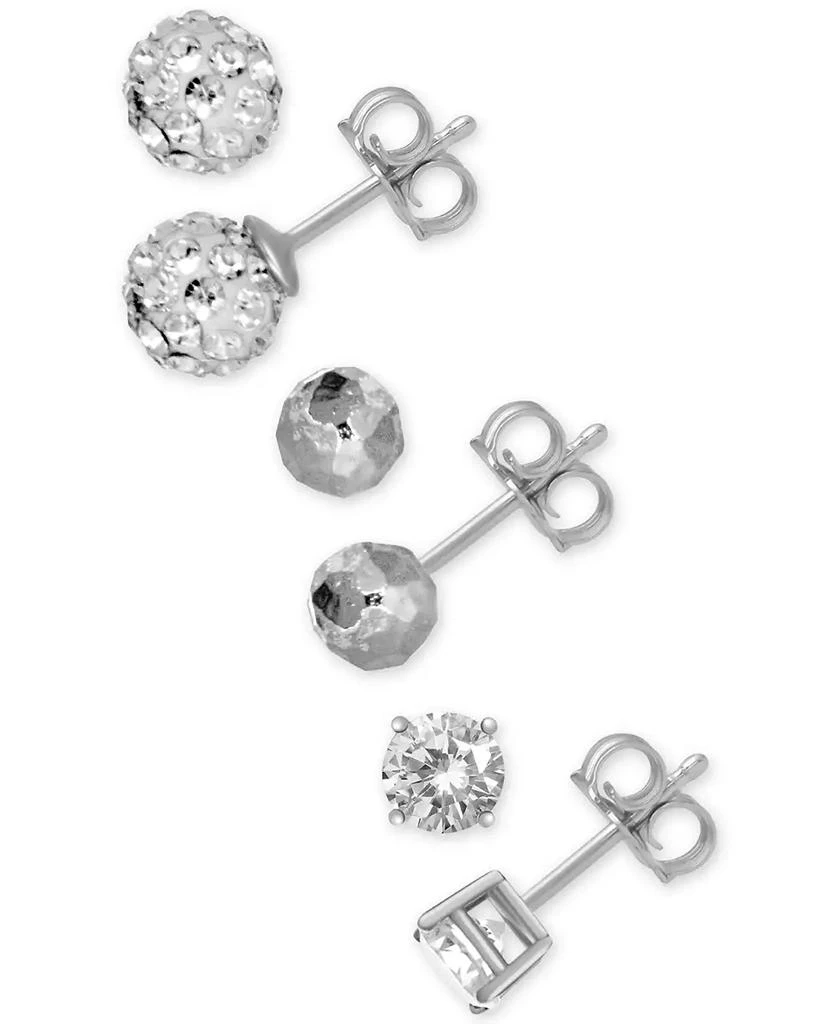 商品Essentials|3-Pc. Set Cubic Zirconia, Hammered-Look and Crystal Ball Stud Earrings in Silver-Plate,价格¥174,第1张图片