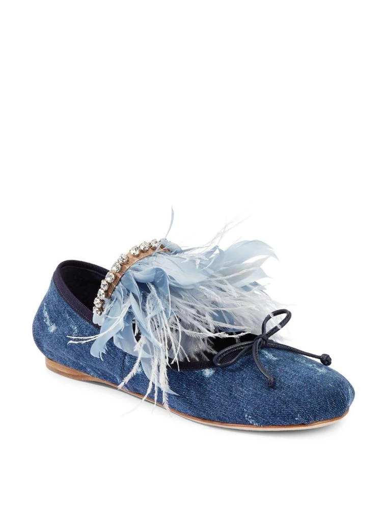 商品Miu Miu|Feather-Trimmed Denim Ballet Flats,价格¥2226,第1张图片