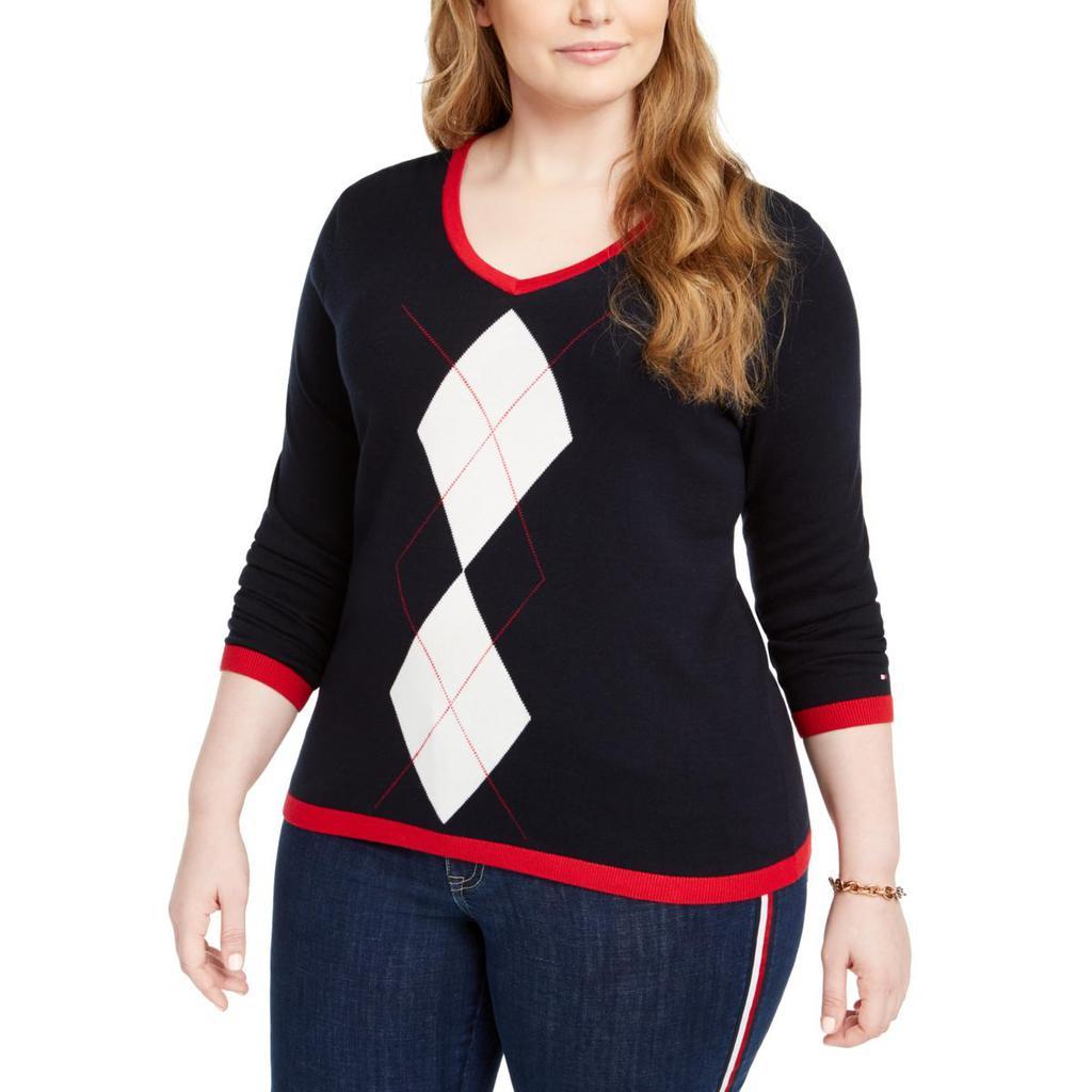 商品Tommy Hilfiger|Tommy Hilfiger Womens Plus Argyle V-Neck Sweater,价格¥301,第1张图片