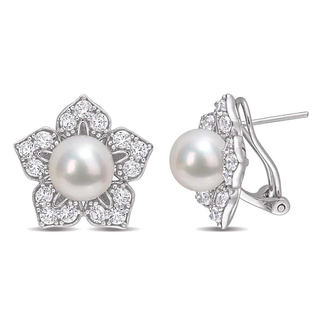 商品Mimi & Max|8.5-9 MM Freshwater Cultured Pearl and 2 3/4 CT TGW Created White Sapphire Floral Earrings in Sterling Silver,价格¥922,第1张图片