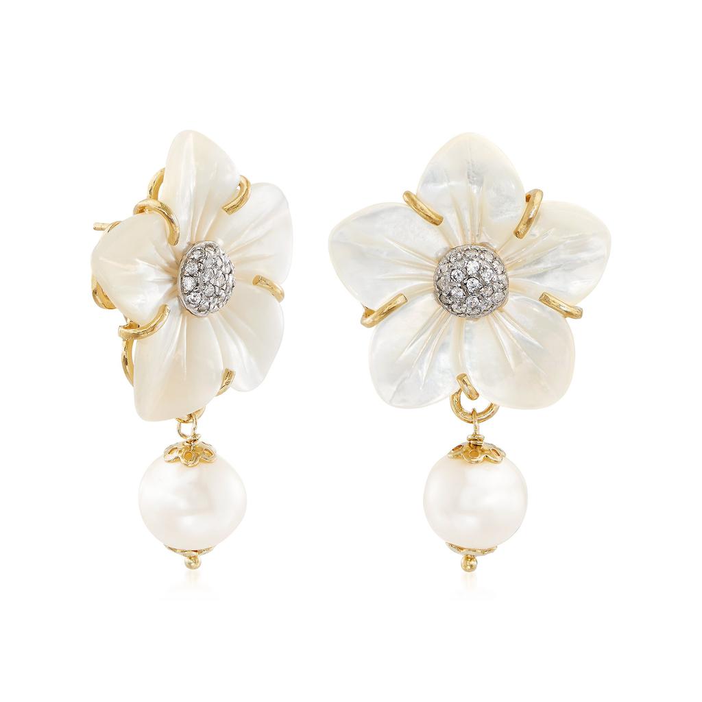 Ross-Simons Italian Mother-Of-Pearl and 12mm Cultured Pearl Flower Drop Earrings With Czs in 18kt Gold Over Sterling商品第3张图片规格展示