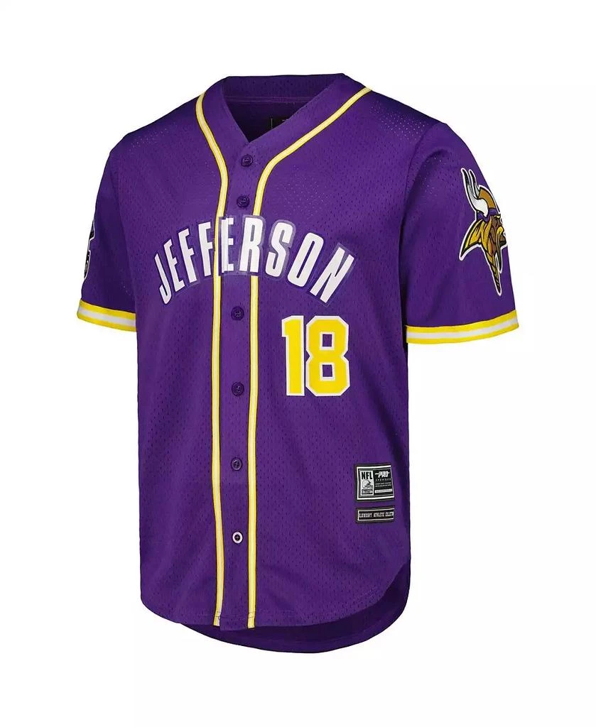 商品Pro Standard|Men's Justin Jefferson Purple Minnesota Vikings Mesh Baseball Button-Up T-shirt,价格¥827,第3张图片详细描述