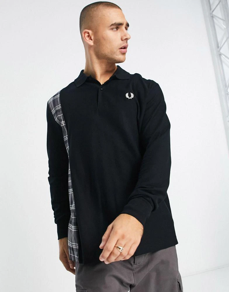 商品Fred Perry|Fred Perry long sleeve tartan panel polo shirt in black,价格¥455,第1张图片