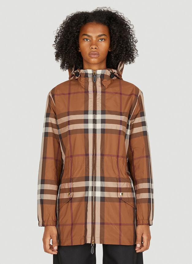 Checked Hooded Parka Coat in Brown商品第1张图片规格展示