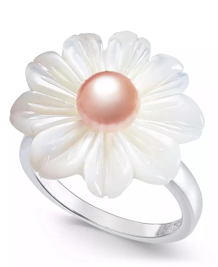 商品Macy's|Pink Cultured Freshwater Button Pearl (6mm) & Mother-of-Pearl Flower Statement Ring in Sterling Silver,价格¥395,第1张图片