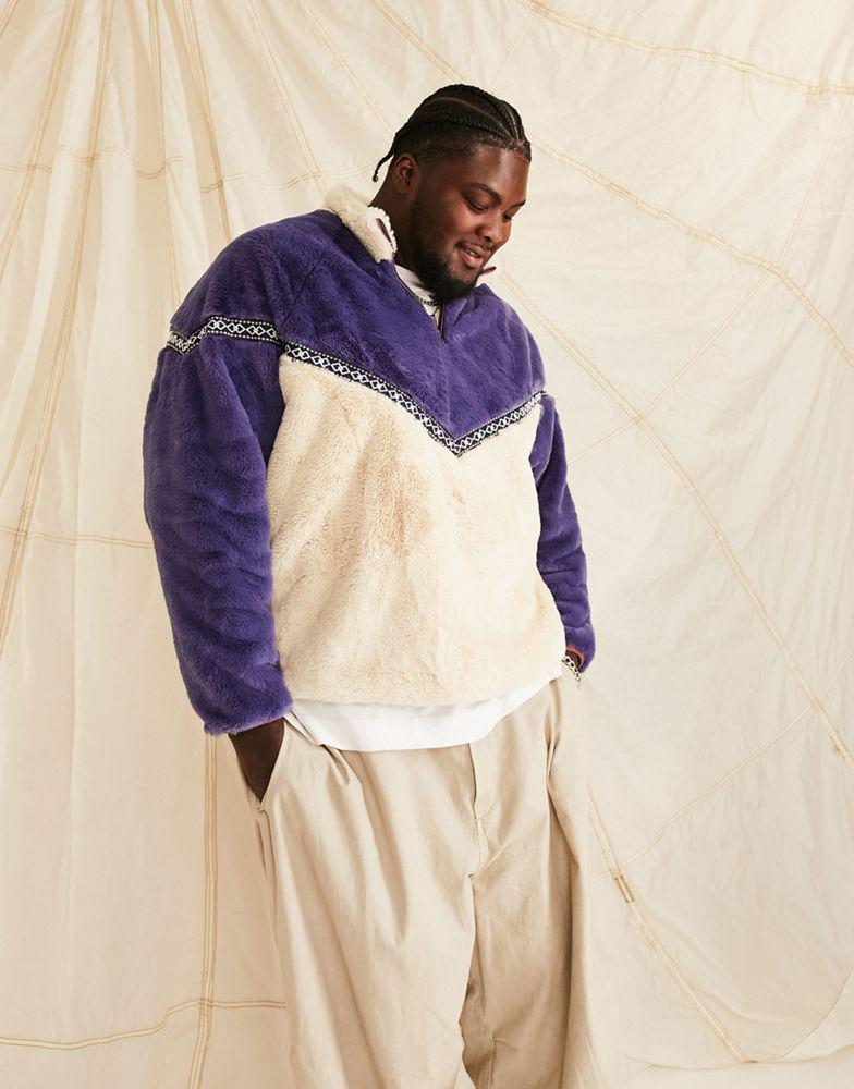 ASOS DESIGN oversized half zip faux fur sweatshirt in navy and beige with taping商品第2张图片规格展示