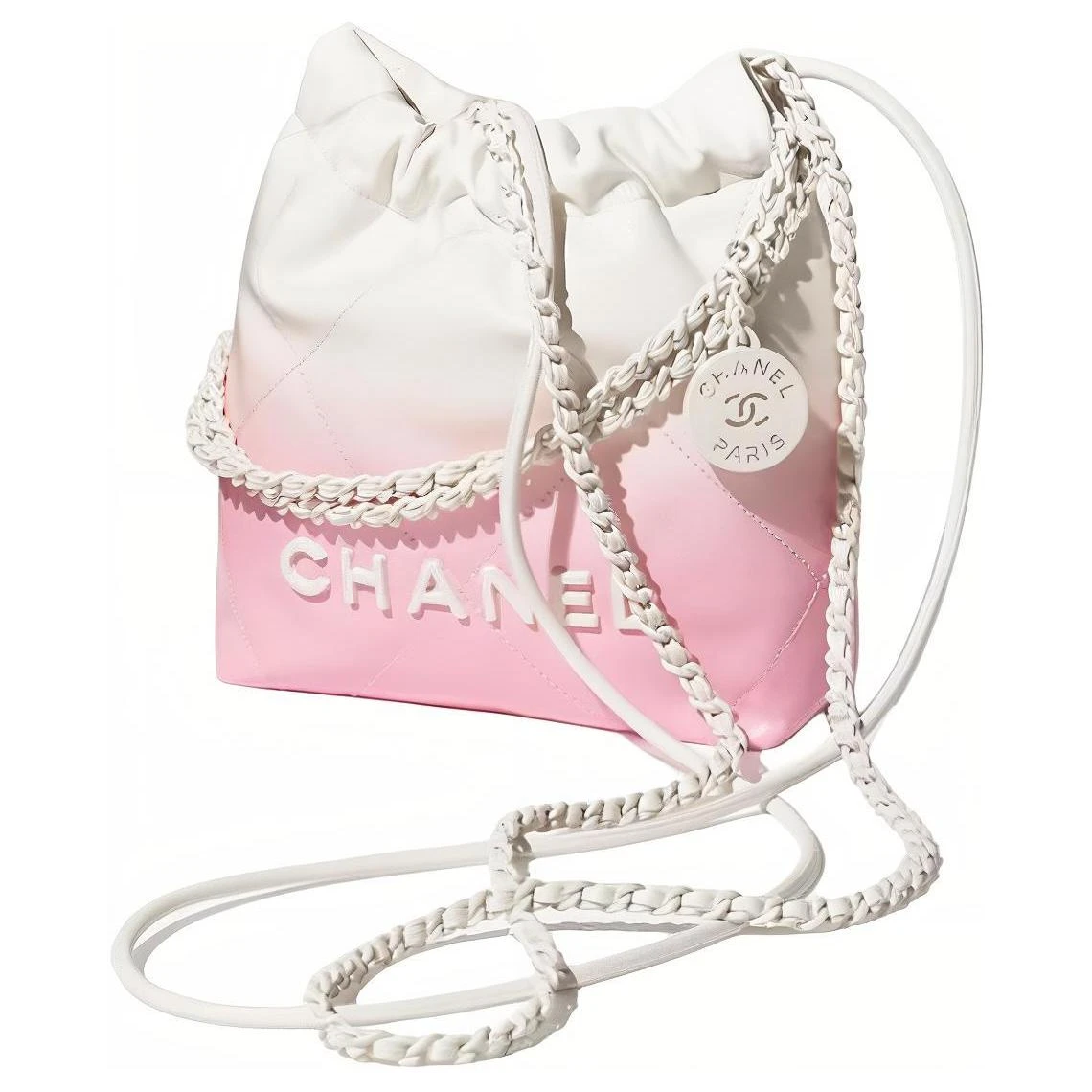 商品[国内直发] Chanel|香奈儿 22Bag 24S Logo抽绳开合 漆面渐变小牛皮 斜挎单肩包 迷你 女款 白色拼粉色,价格¥46849,第3张图片详细描述