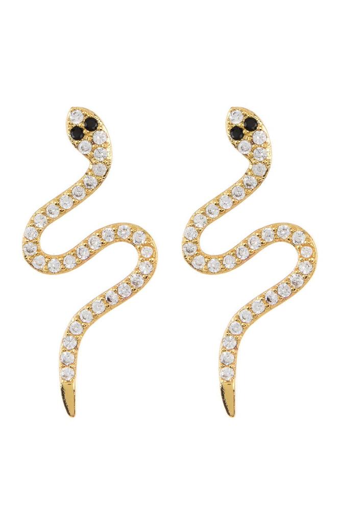 14K Yellow Gold Plated Swarovski Crystal Snake Stud Earrings商品第1张图片规格展示