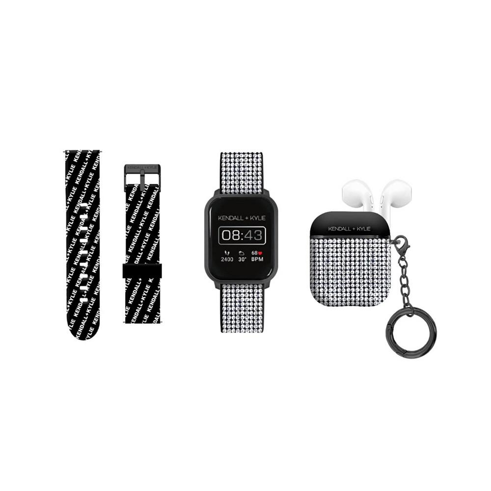 Women's Black, Silver-Tone Silicone Strap Smartwatch With Earbud Set 34mm商品第1张图片规格展示