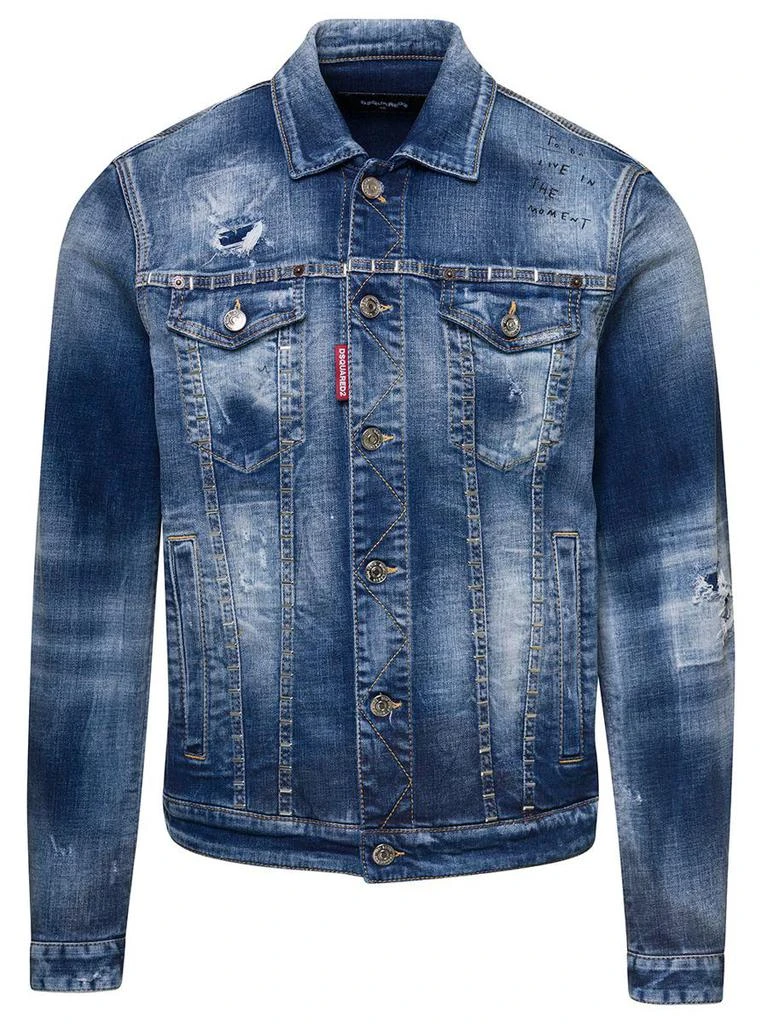 商品DSQUARED2|Blue Jacket with Light Wash and Hand-Written Note Detail in Denim Cotton Man,价格¥3850,第1张图片