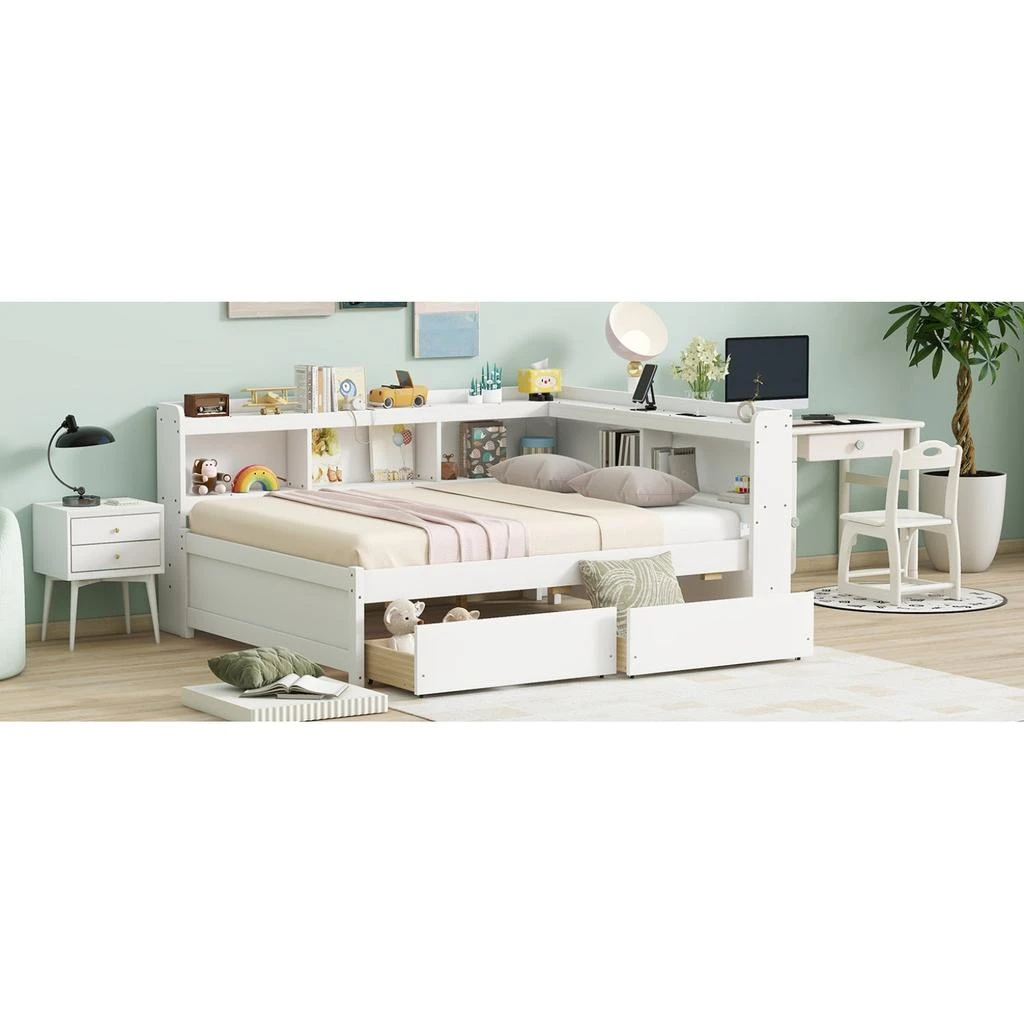 商品Streamdale Furniture|Streamdale L-Shaped Bookcase Bed with Power, USB & Drawers - White,价格¥6980,第3张图片详细描述