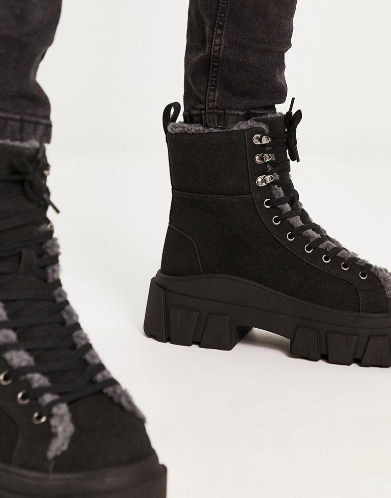 ASOS DESIGN chunky lace up boot in black faux suede with faux borg lining商品第4张图片规格展示