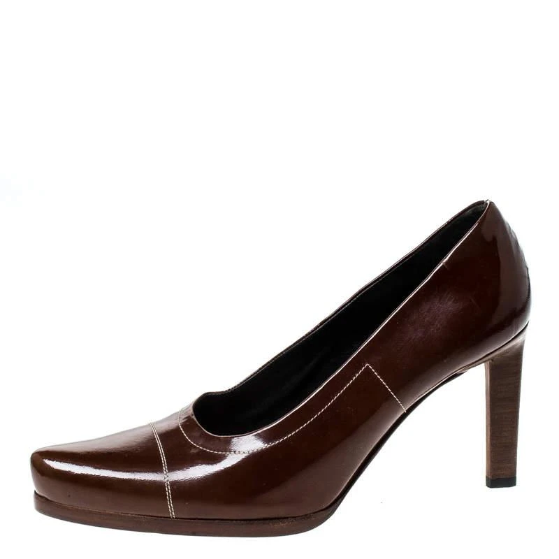 商品[二手商品] Prada|Prada Brown Patent Leather Pointed Toe Pumps Size 38,价格¥2120,第2张图片详细描述