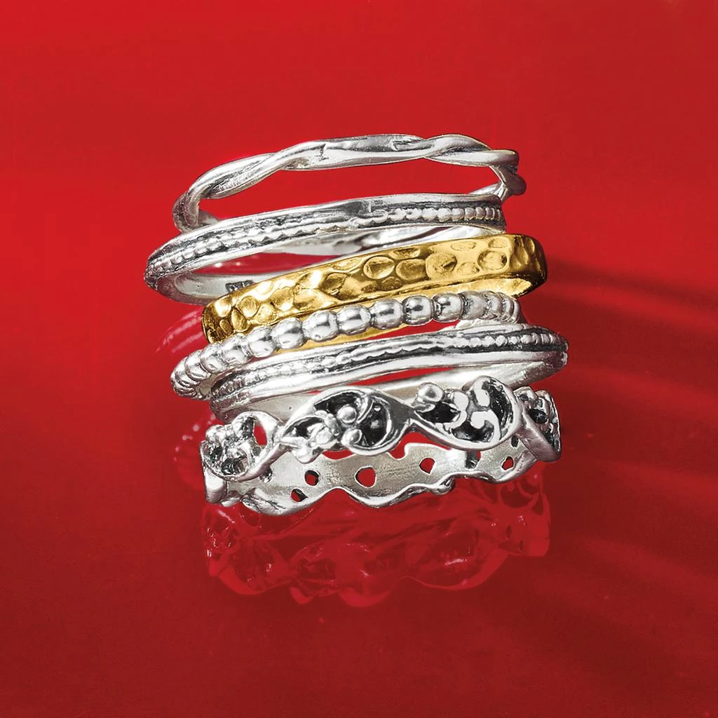 Sterling Silver and 18kt Gold Over Sterling Jewelry Set: 6 Textured Rings 商品