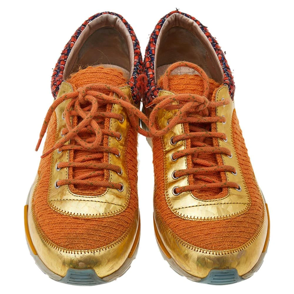 商品[二手商品] Chanel|Chanel Orange/Gold Tweed And Suede CC Low Top Sneakers Size 38,价格¥3489,第3张图片详细描述