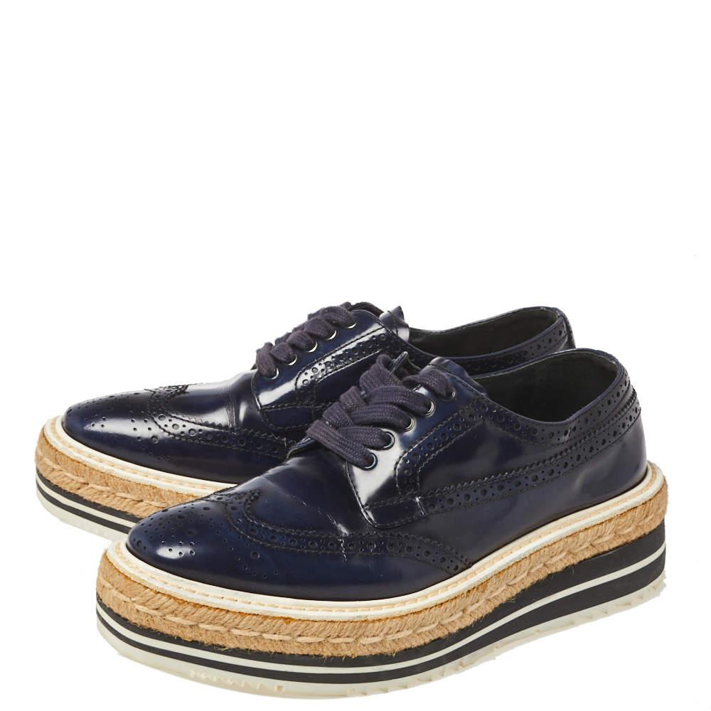 Prada Blue Brogue Leather Derby Lace Up Espadrille Sneakers Size 35.5商品第4张图片规格展示