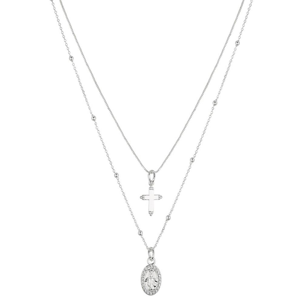 Silver Plated Brass Crystal Mary and Cross Duo Necklace with Extender商品第1张图片规格展示