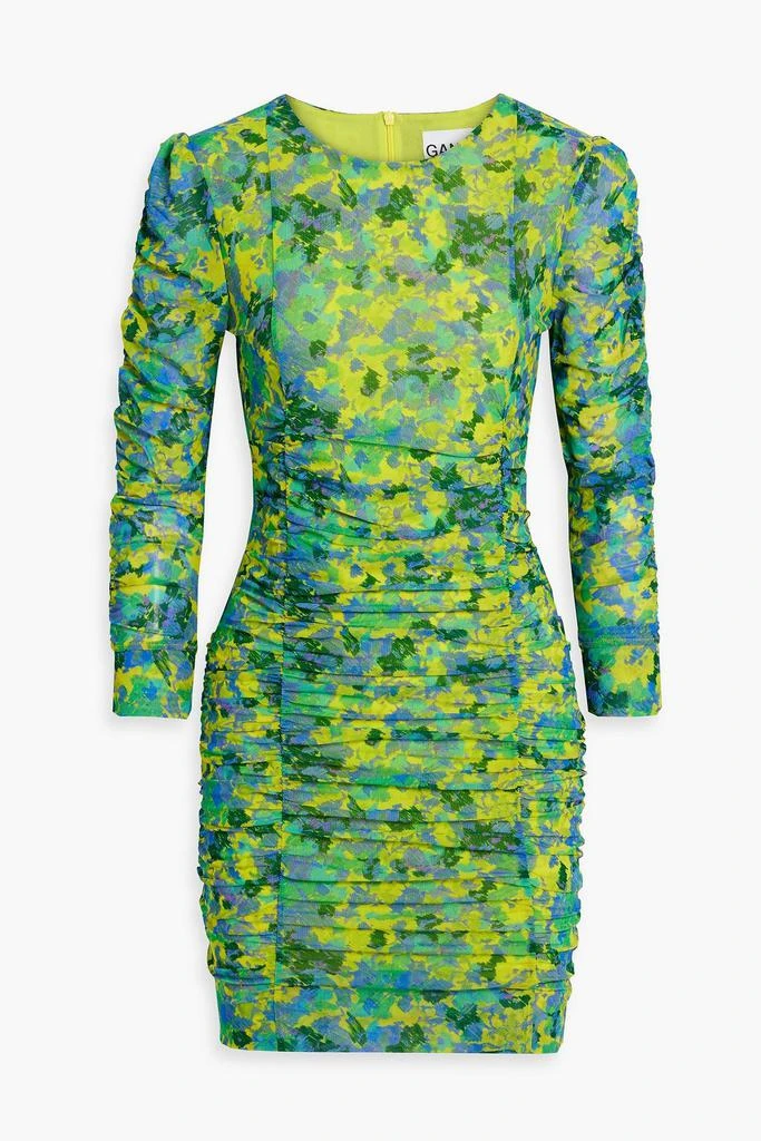 商品Ganni|Ruched printed stretch-mesh mini dress,价格¥679,第1张图片