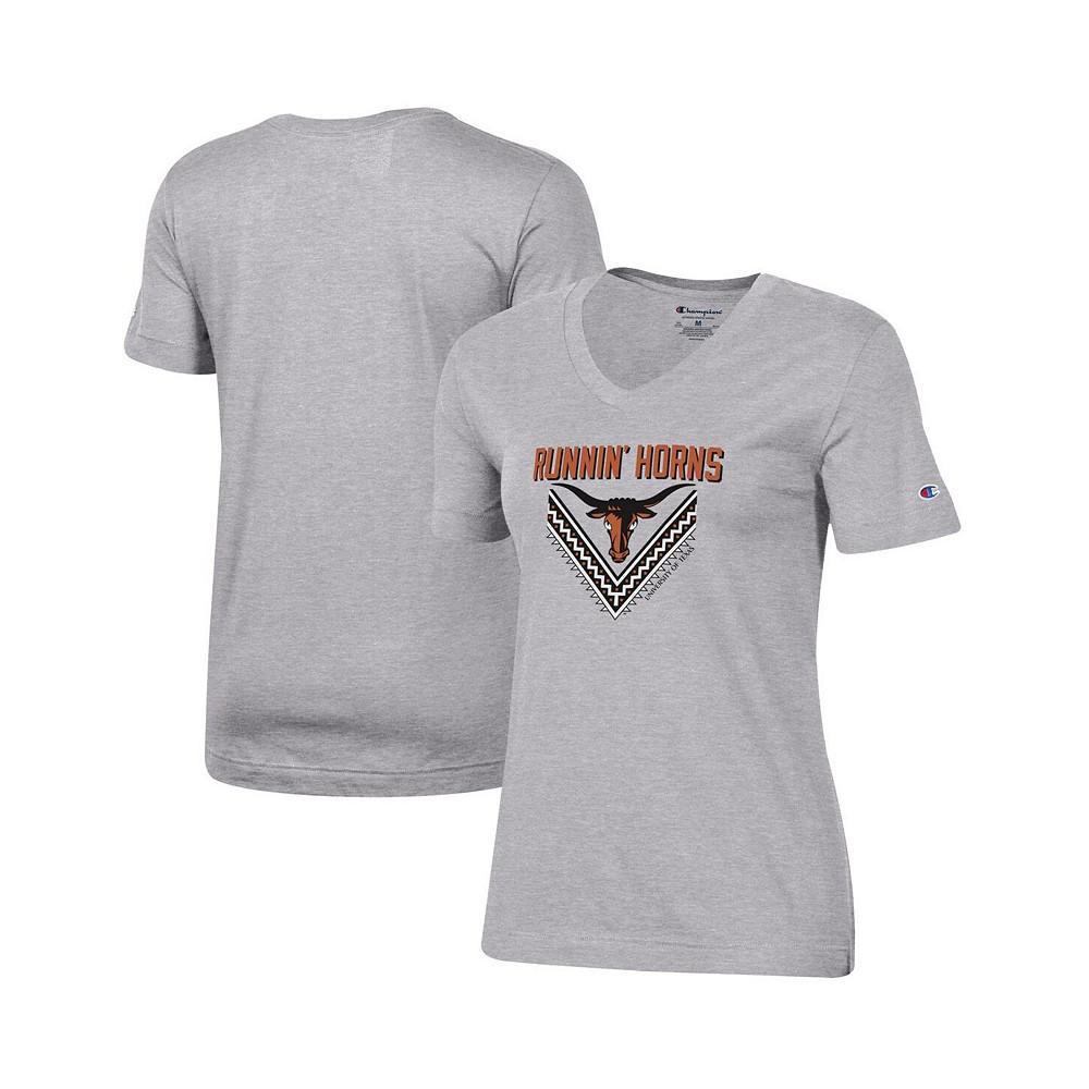 商品CHAMPION|Women's Heathered Gray Texas Longhorns Runnin' Horns V-Neck T-shirt,价格¥201,第1张图片