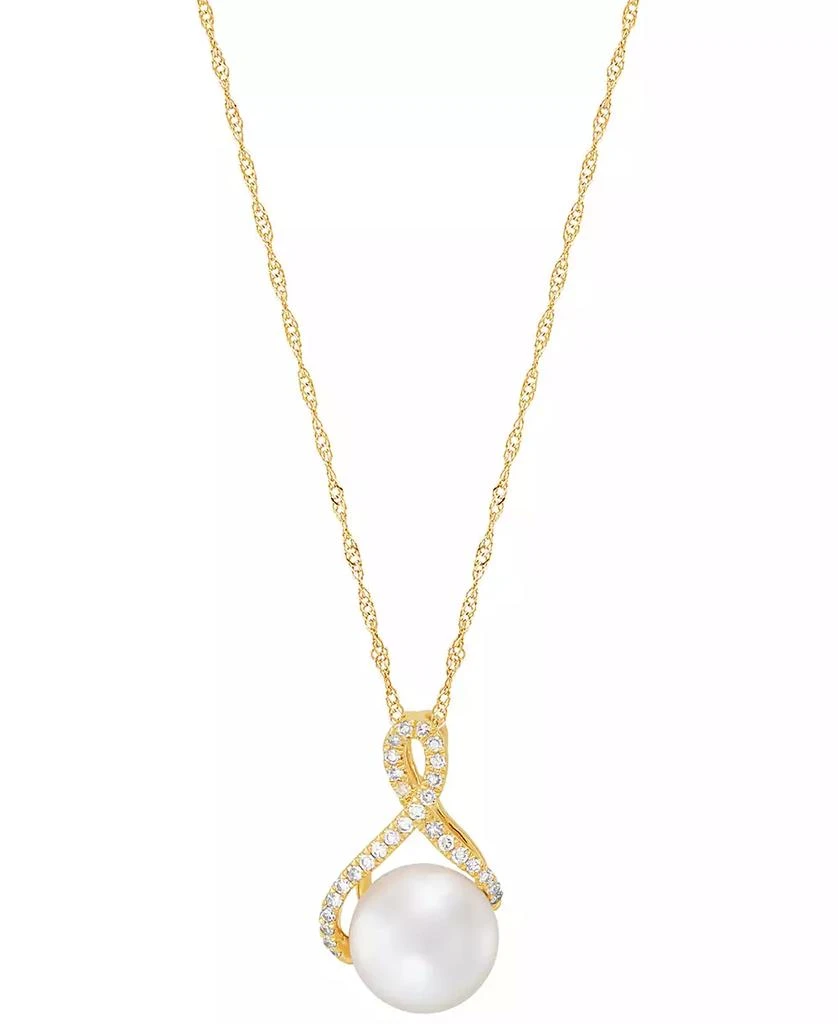 商品Honora|Cultured Freshwater Pearl (8mm) & Diamond (1/10 ct. t.w.) Ribbon 18" Pendant Necklace in 14k Gold,价格¥1870,第1张图片