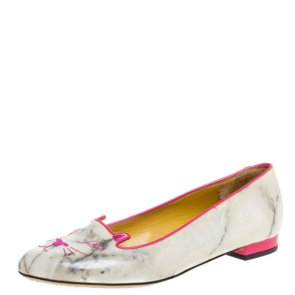 商品[二手商品] Charlotte Olympia|Charlotte Olympia Light Grey/Pink Marble Leather Kitty Flats Size 41,价格¥1377,第1张图片