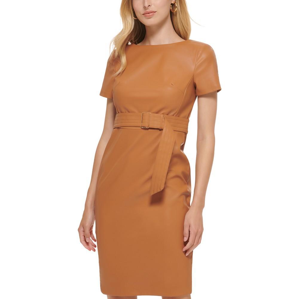 商品Calvin Klein|Faux-Leather Belted Sheath Dress,价格¥552,第6张图片详细描述
