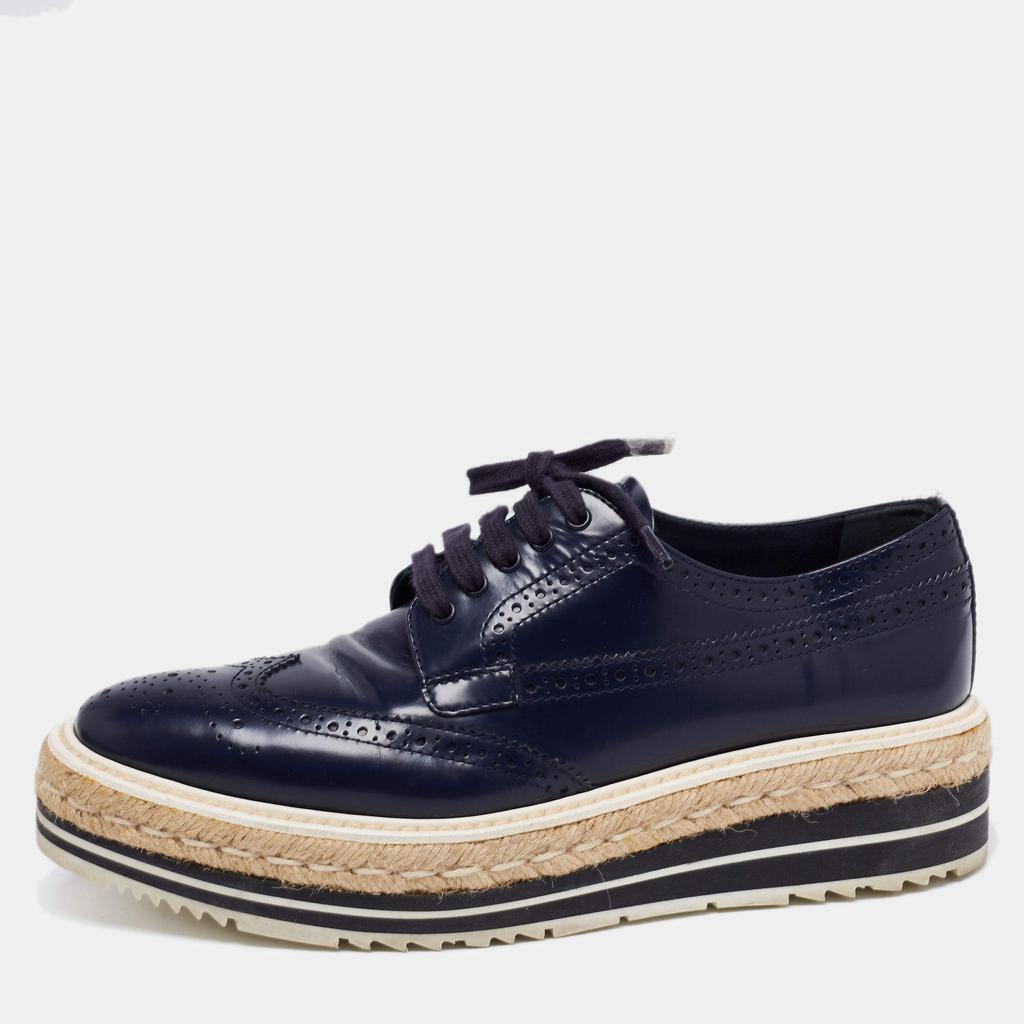 Prada Navy Blue Brogue Leather Derby Lace-Up Espadrille Sneakers Size 39商品第1张图片规格展示