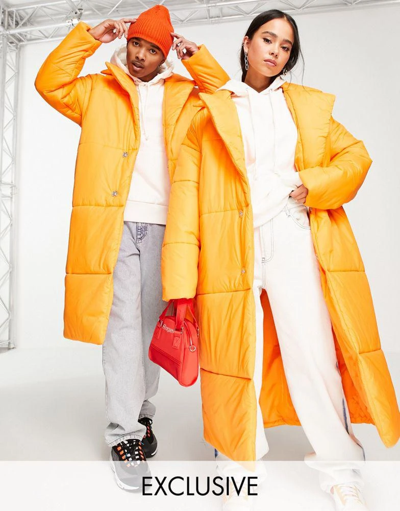 商品COLLUSION|COLLUSION Unisex longline nylon puffer coat in orange,价格¥237,第1张图片