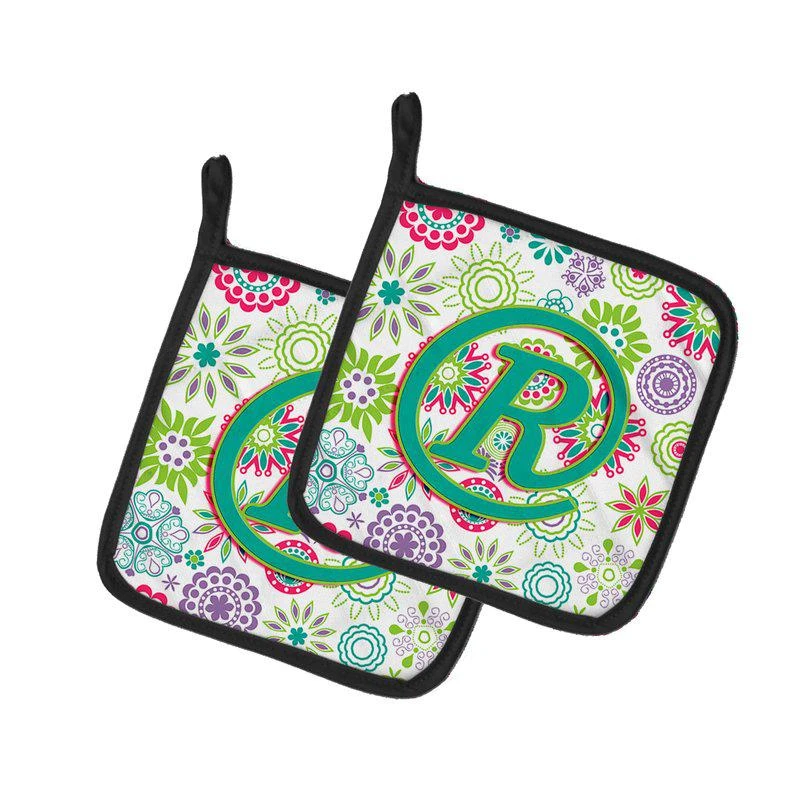 商品Caroline's Treasures|Letter R Flowers Pink Teal Green Initial Pair of Pot Holders,价格¥172,第1张图片