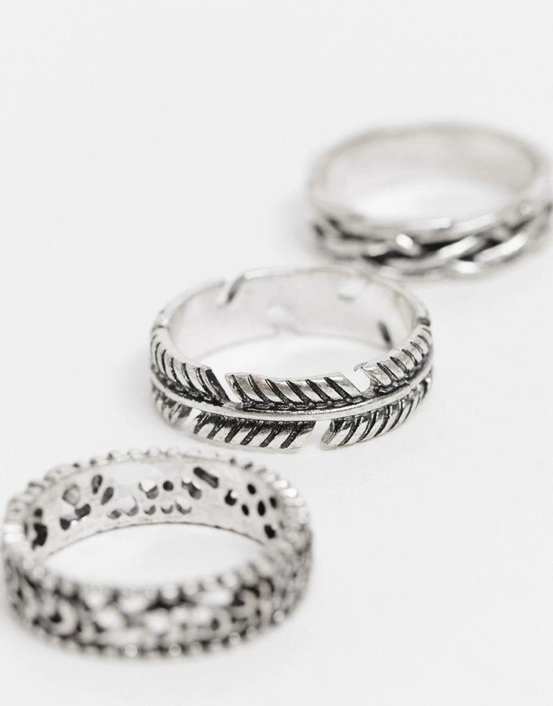 商品Reclaimed Vintage|Reclaimed Vintage inspired ring multipack with feather detail in silver,价格¥84,第3张图片详细描述