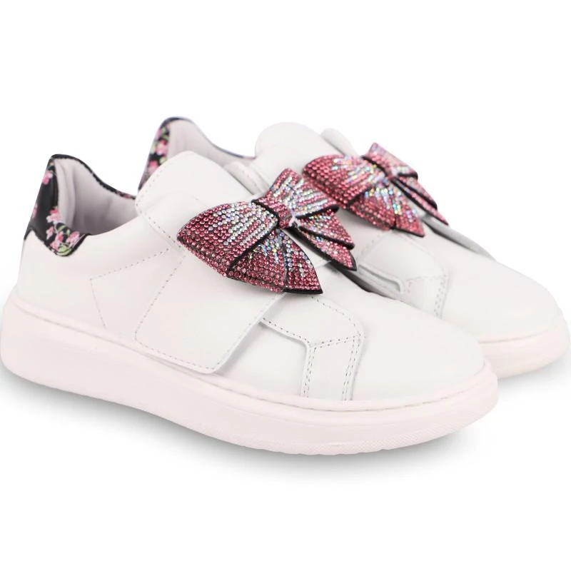 商品MONNALISA|Rhinestones bows leather sneakers in white,价格¥1785,第1张图片