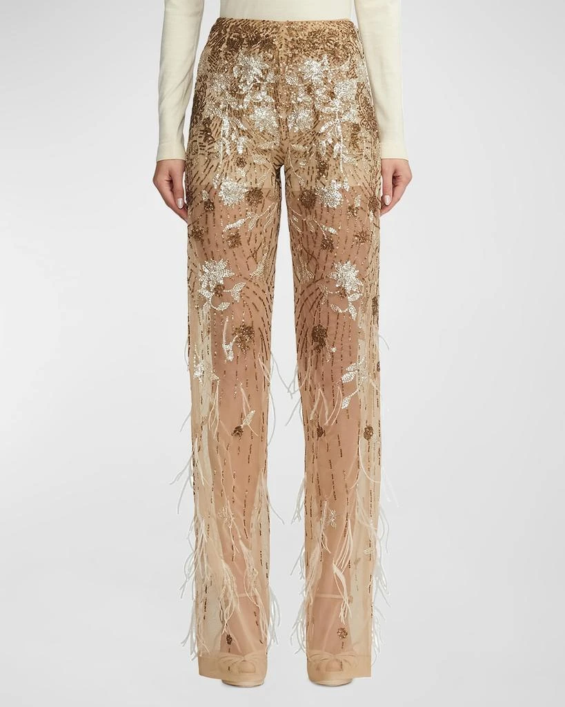 商品Ralph Lauren|High-Rise Feather Embellished Sheer Straight-Leg Pants,价格¥23019,第1张图片