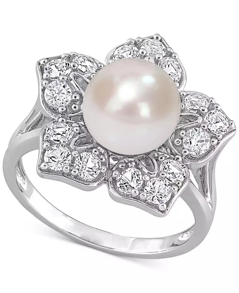 商品Macy's|Cultured Freshwater Pearl (8-1/2mm) & Lab-Created White Sapphire (1-1/3 ct. t.w.) Flower Ring in Sterling Silver,价格¥916,第1张图片