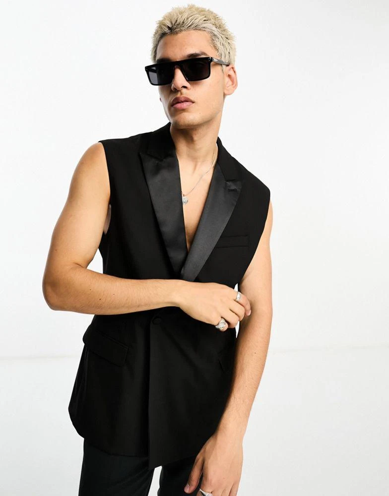 商品ASOS|ASOS DESIGN slim sleeveless tuxedo jacket in black,价格¥362,第1张图片