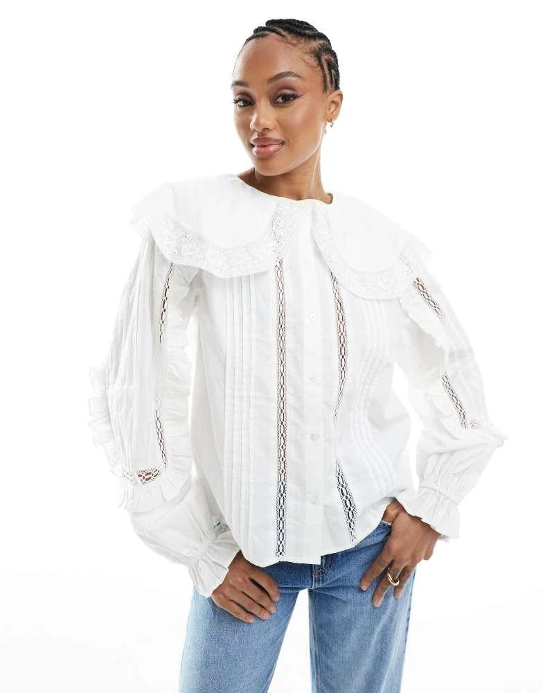 商品ASOS|ASOS DESIGN tall  lace and broderie insert shirt with large collar in ivory,价格¥219,第1张图片详细描述