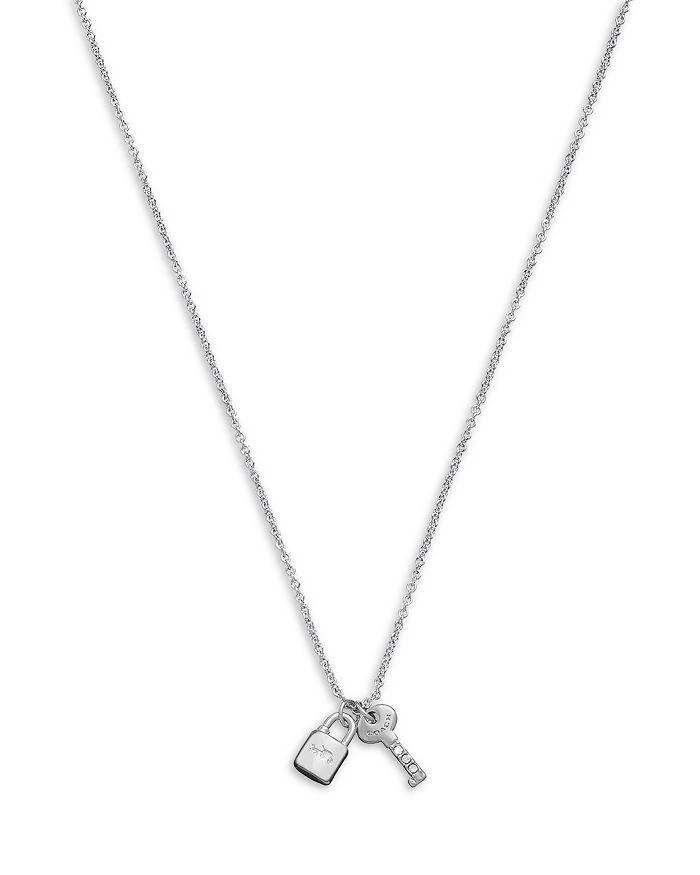 商品Coach|Signature Lock & Pavé Key Charm Pendant Necklace in Silver Tone, 16"-18",价格¥712,第1张图片详细描述