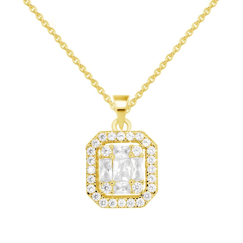Cubic Zirconia Rectangle Halo Pendant Necklace, 16" + 2" extender in Silver or Gold Plate商品第1张图片规格展示