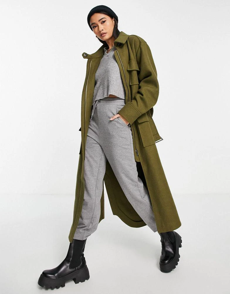 商品Topshop|Topshop longline belted utility coat in khaki,价格¥445,第1张图片