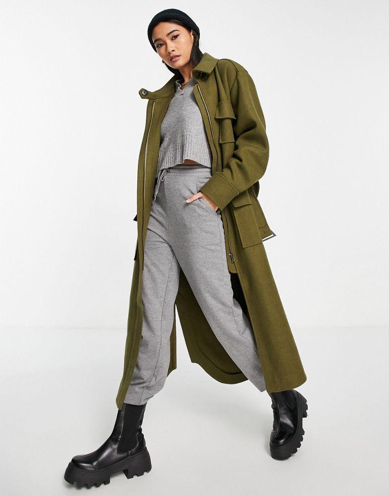 商品Topshop|Topshop longline belted utility coat in khaki,价格¥408,第1张图片