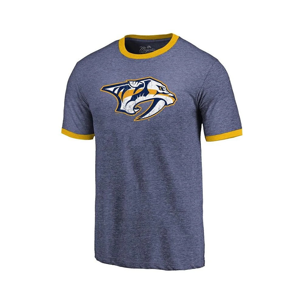 商品Majestic|Men's Threads Heathered Navy Nashville Predators Ringer Contrast Tri-Blend T-shirt,价格¥291,第2张图片详细描述