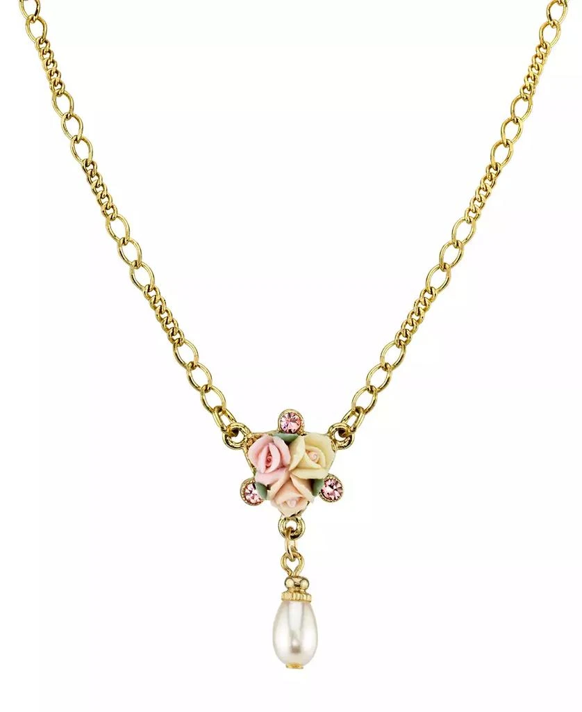 商品2028|Gold-Tone Crystal Ivory and Pink Porcelain Rose Simulated Pearl Necklace 16" Adjustable,价格¥309,第1张图片